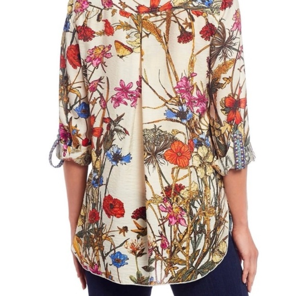 JOHN MARK Women Sz M Cream Birds Floral Embroidered Boho Roll Tab Blouse Top. - Picture 9 of 13